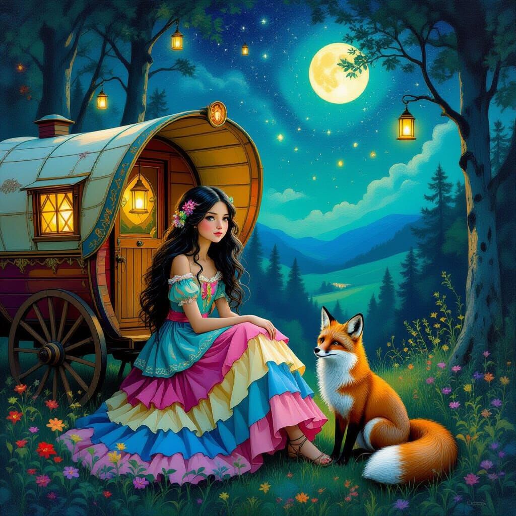 Whimsical Girl and Gypsy Caravan Under Mystical Night Sky