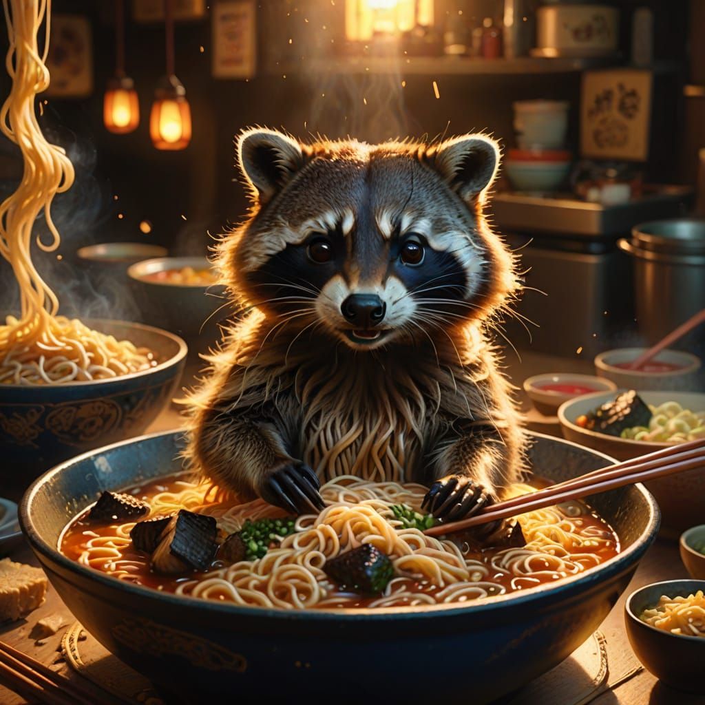 Raccoon Chef's Ramen: Vibrant Oil Painting