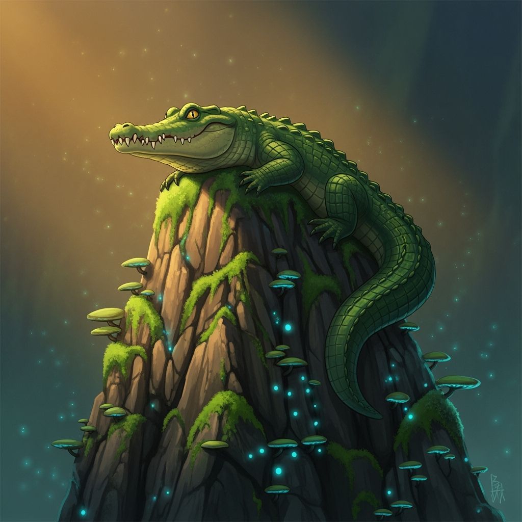 Emerald Crocodile Grins on Mossy Rock in Golden Hour