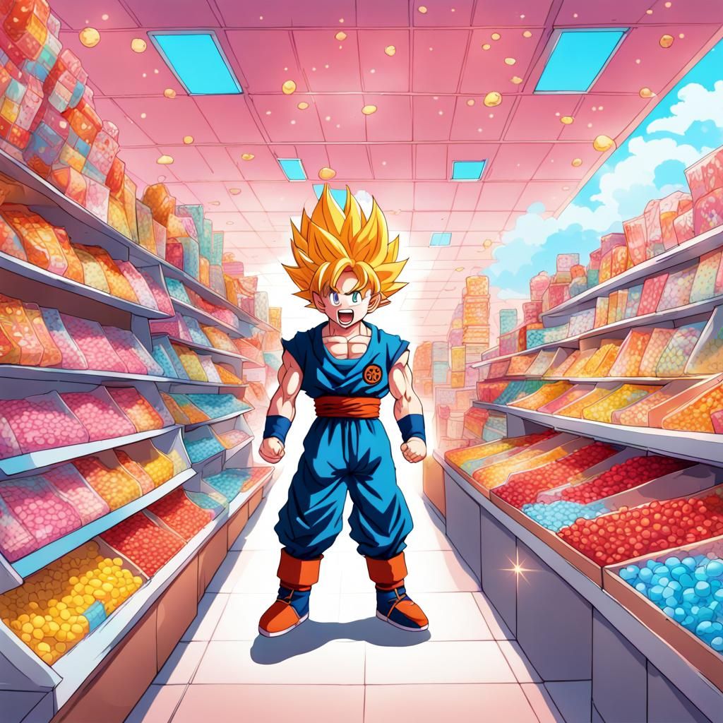 Goku in Colorful Anime Candy Store