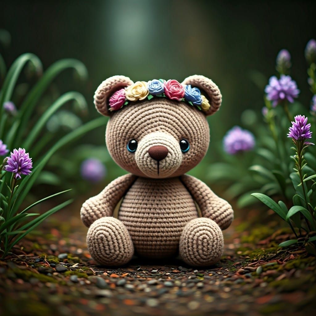 Whimsical Crochet Bear in Enchanted Forest