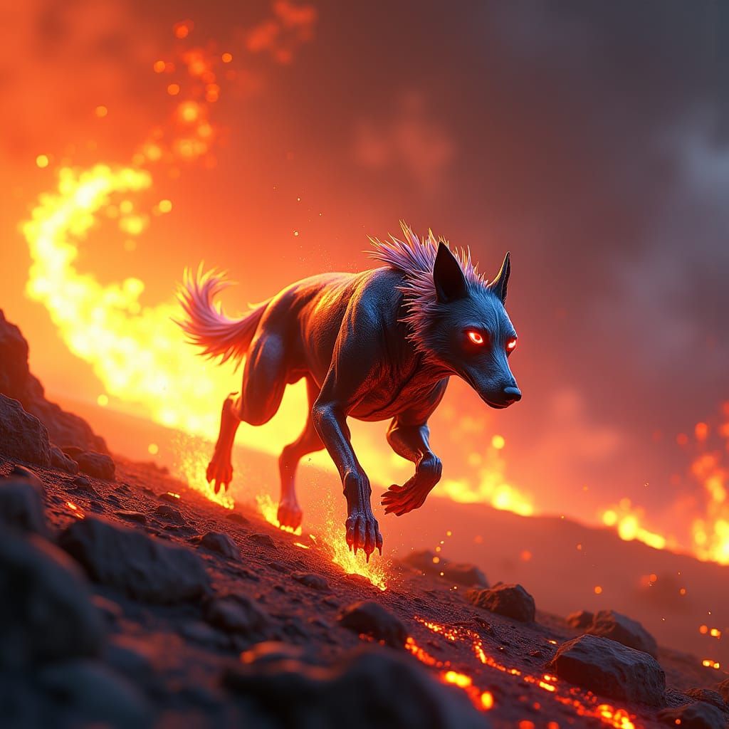 Futuristic Canine Sprinter in Cyberpunk Lava Landscape