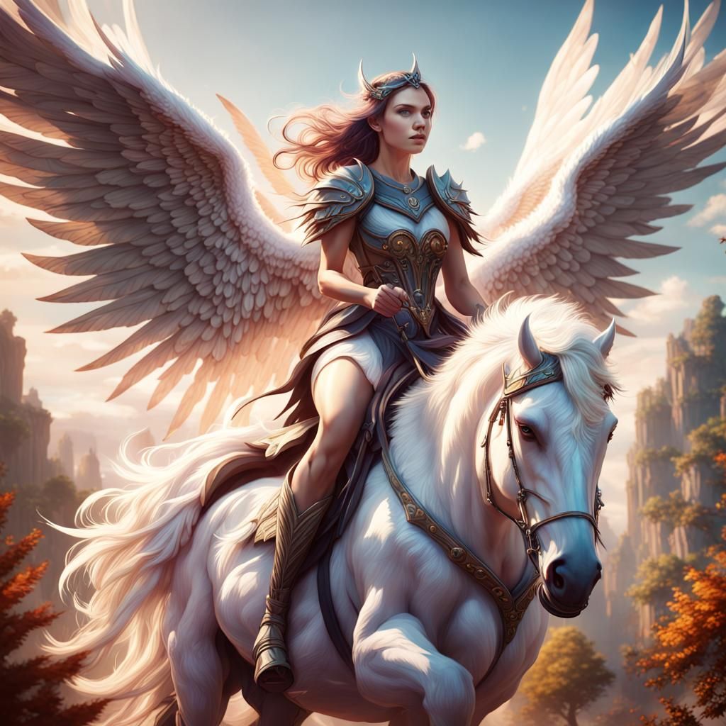 Fantasy Woman with Wings on White Steed