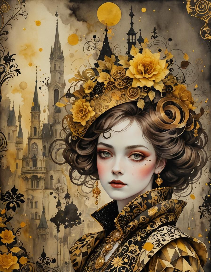 Baroque Harlequin Portrait with Watercolor Ink