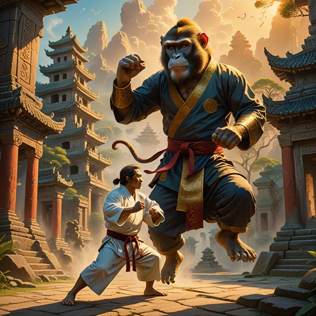 Karate Master Battles Monkey-Men in Ethereal Ruins