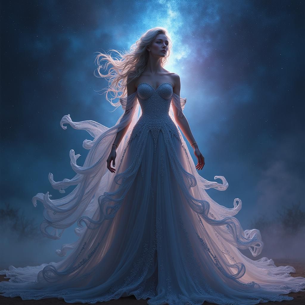 Majestic Woman in Sci-Fi Gown with Celestial Backdrop