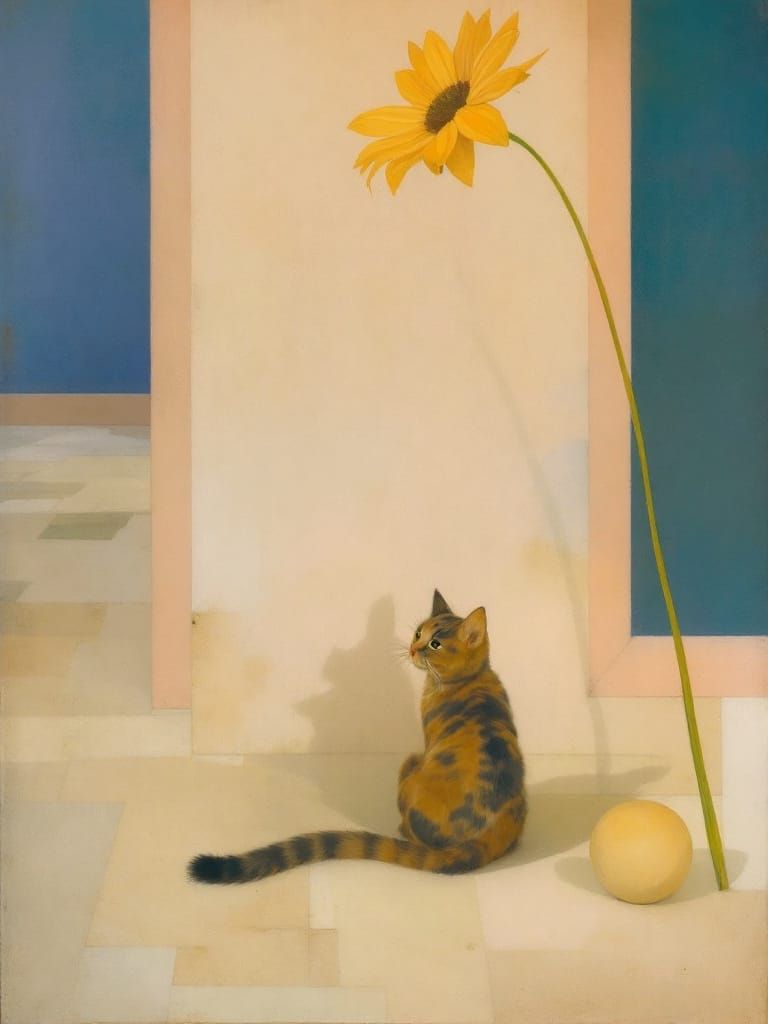 Cat Gazes at Tall Flower in Devotional Style