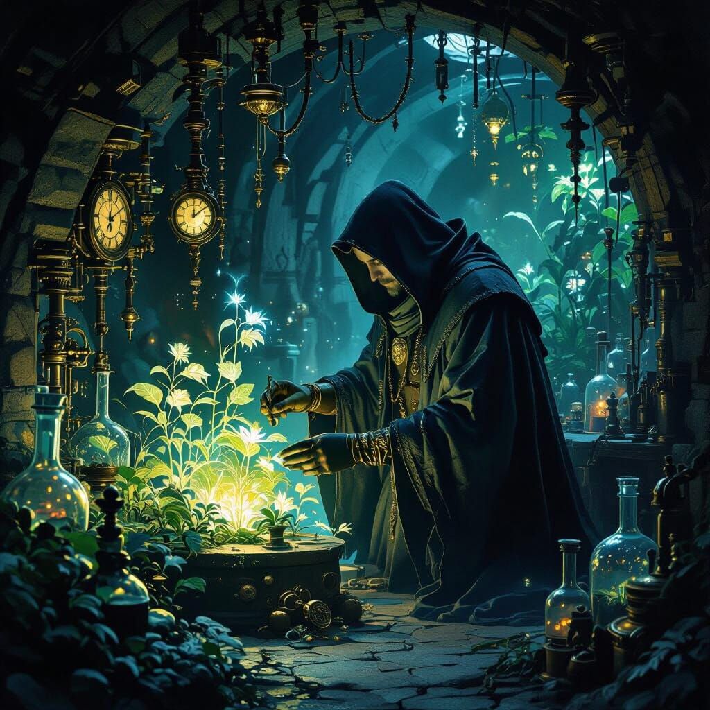 Alchemist Tending Bioluminescent Flora in Subterranean Lab