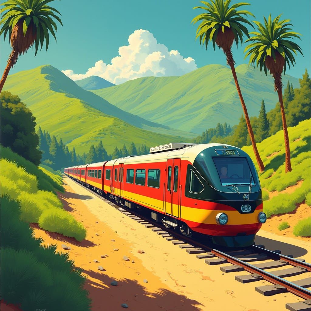 Retro-Futuristic Electric Train Speeds Through Vibrant Lands...