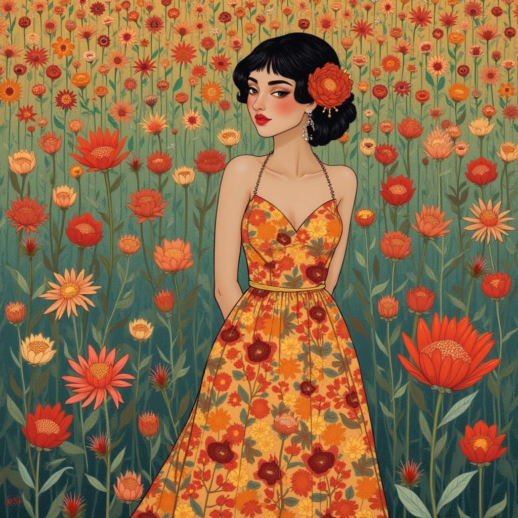 Woman in Floral Dress, Art Nouveau Style