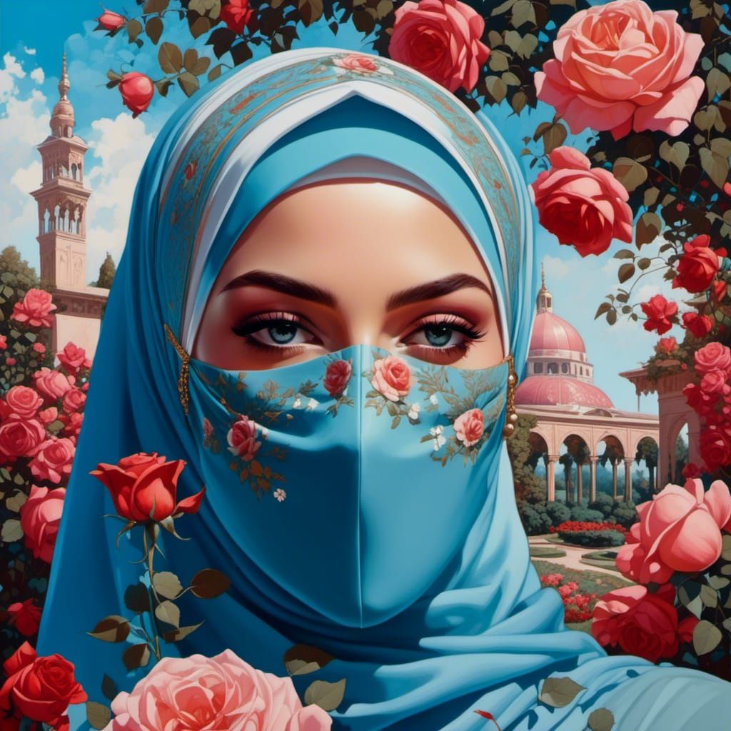 Beautiful Woman in Hijab and Mask in Rose Garden