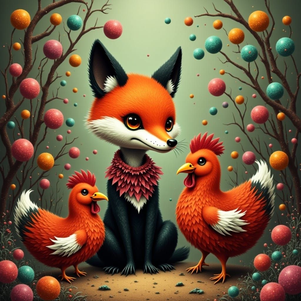 Surrealistic Whimsy in a Fantastical Scene with a Fox and Ch...