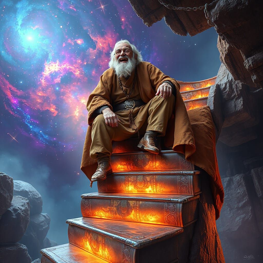 Laughing Man on Book Stairway to Nebula