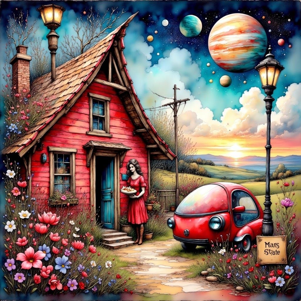 Charming Mars Estate Cottage with Alien Flowers & Space Car