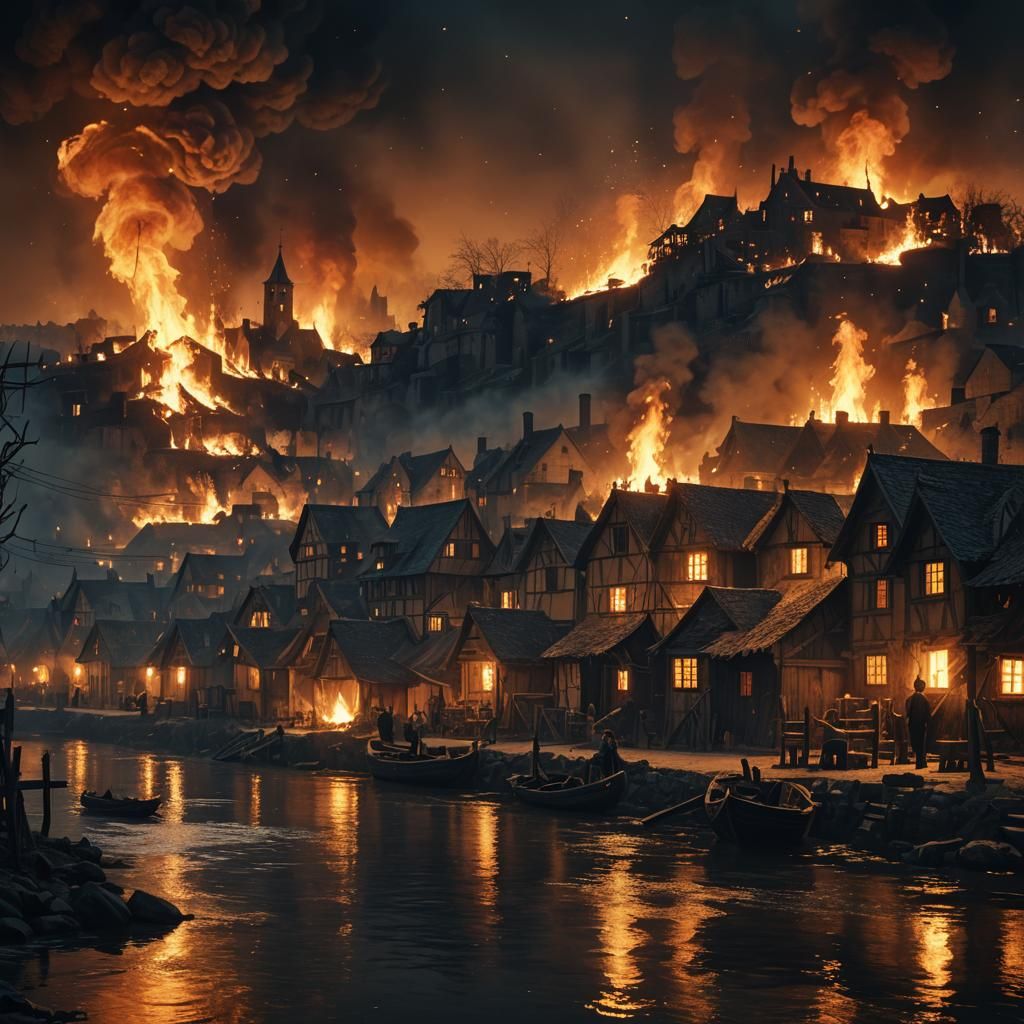 Burning Village During the Black Plague: Cinematic Digital A...