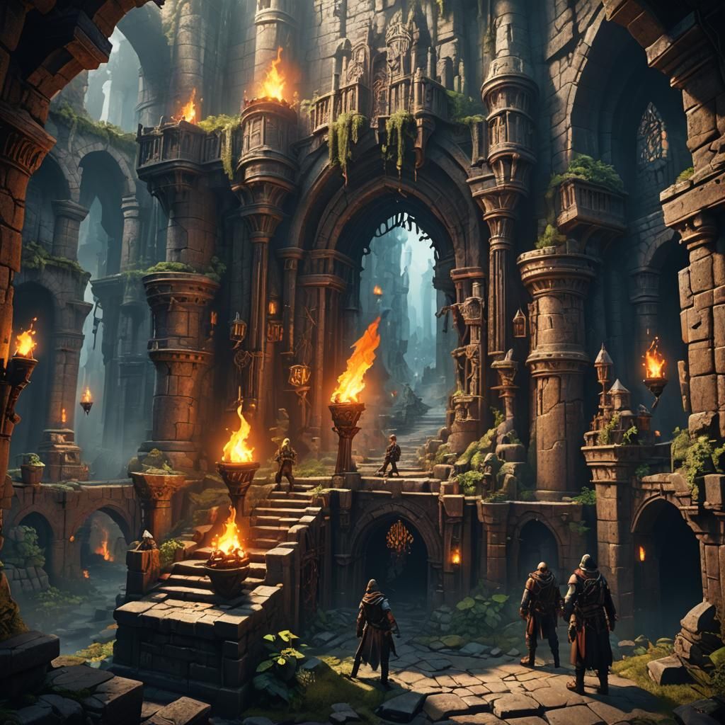 Fantasy Adventurers in Torch Lit Dungeon