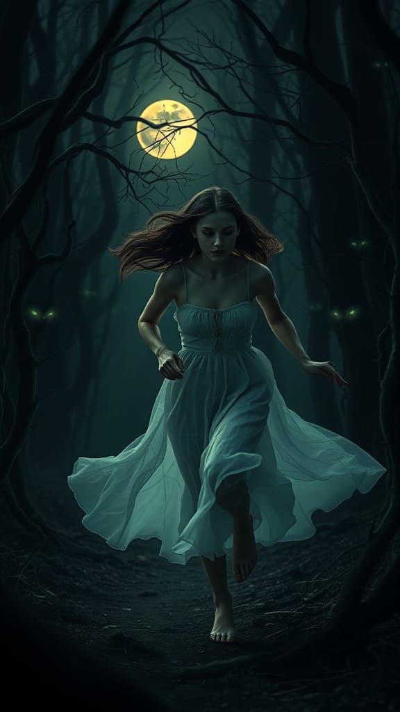 Brunette Woman's Moonlight Escape Through Mystical Forest