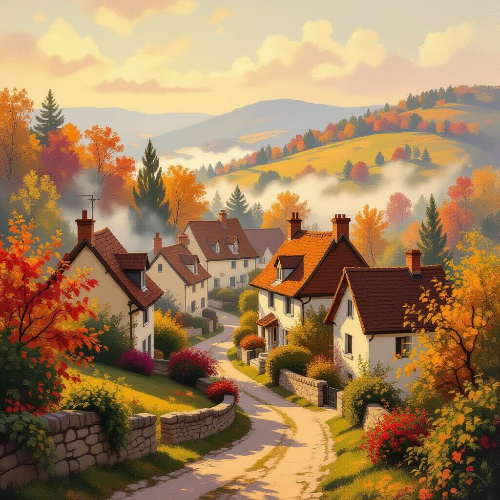 Autumn Village in Impressionistic Style