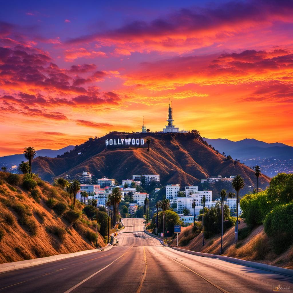 Hollywood Hills Sunset Landscape with Iconic Sign