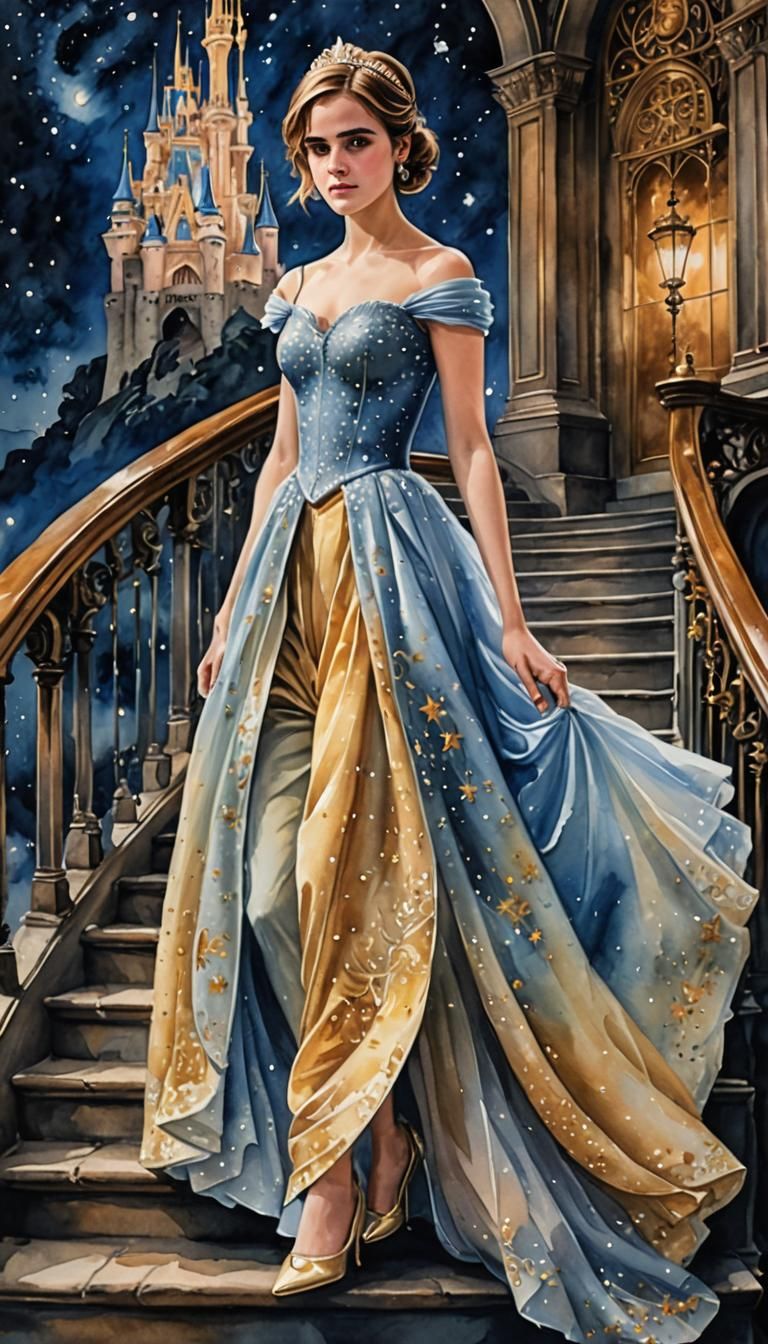 Emma Watson as Cinderella in Watercolor Painting