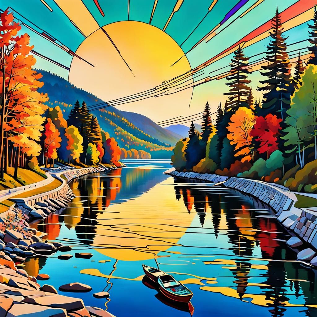 Retrofuturistic River Scene in Cool Colors