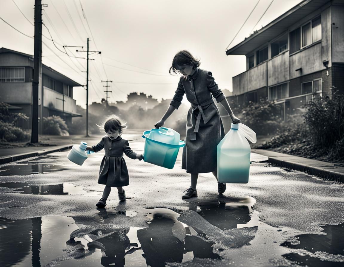 Mother and Child in Brutalist Suburbia