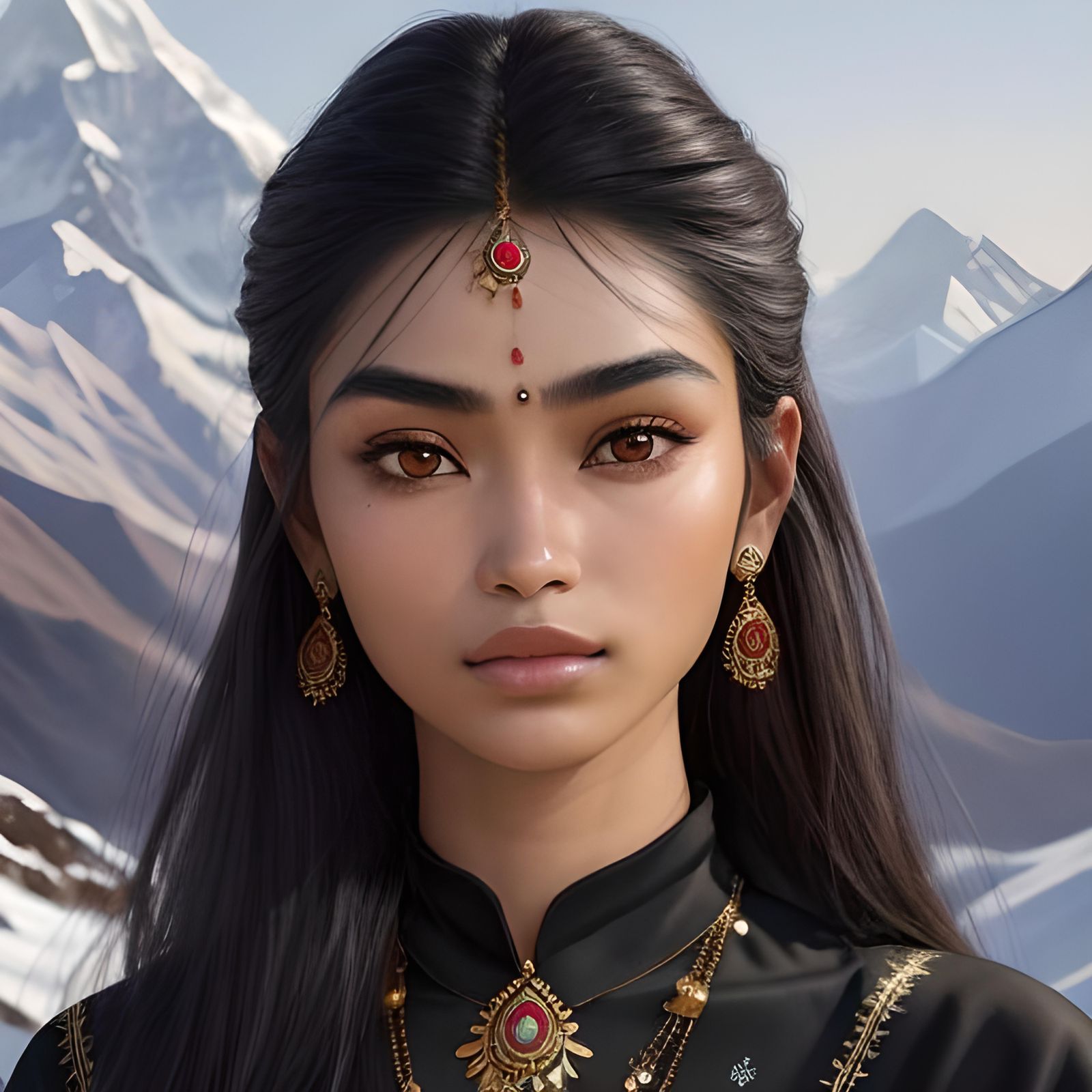 Nepali Girl Portrait with Himalayan Mountain Backdrop