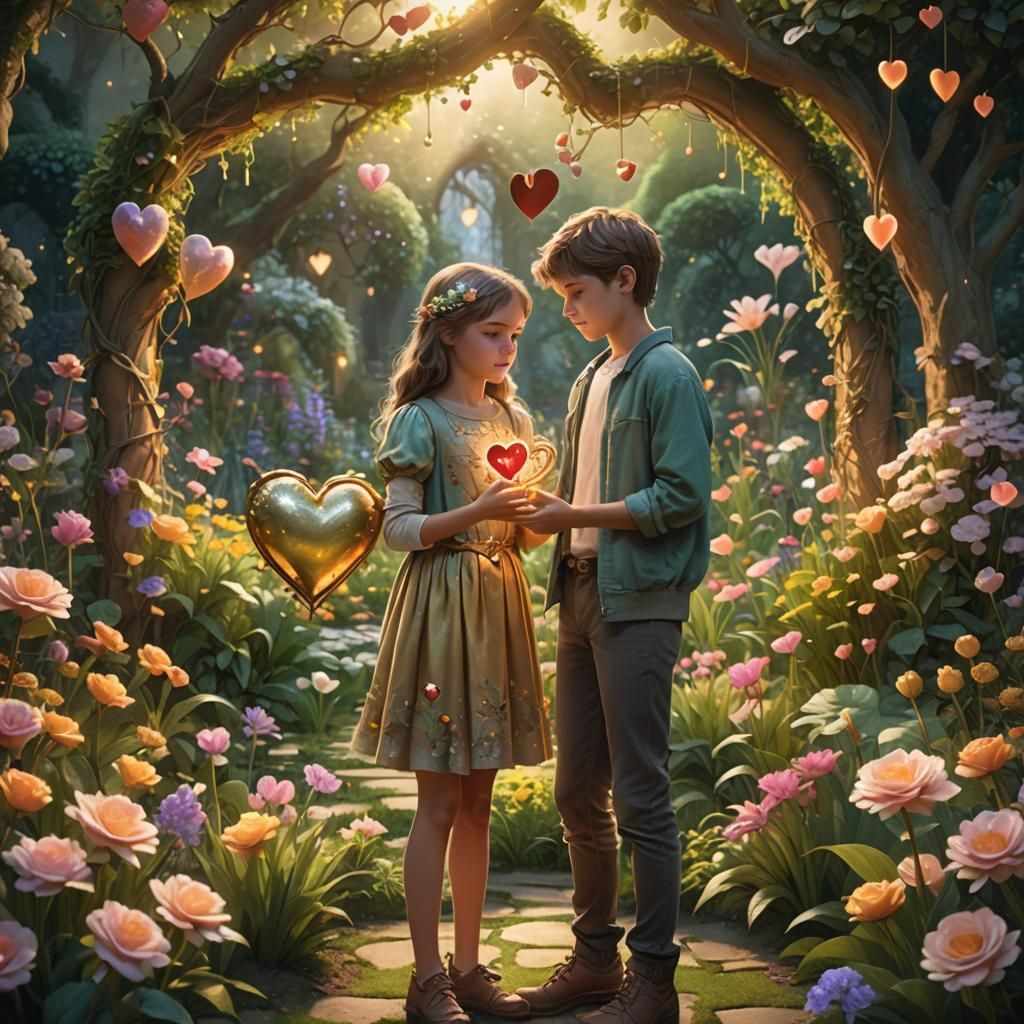 Boy Offers Heart in Fantasy Garden Art
