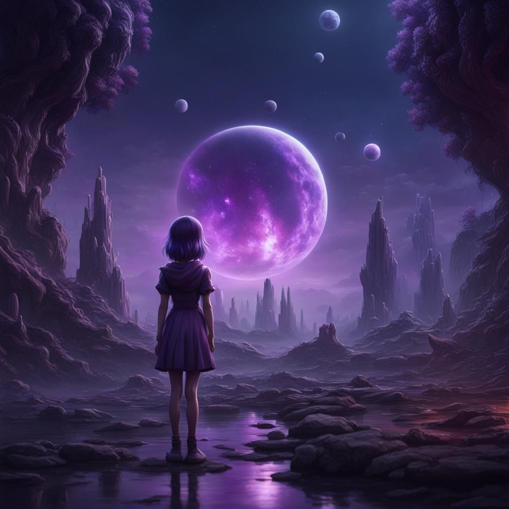 Sad Girl in Purple Galaxy: Fantasy Concept Art