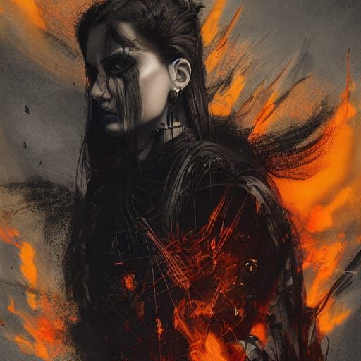 Goth Model in Fiery Coffee Shop, Dark Fantasy Art