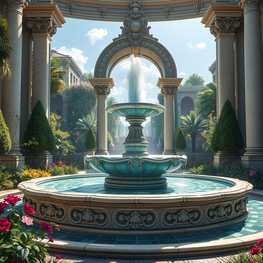 Opulent Garden Fountain in Photorealistic Style