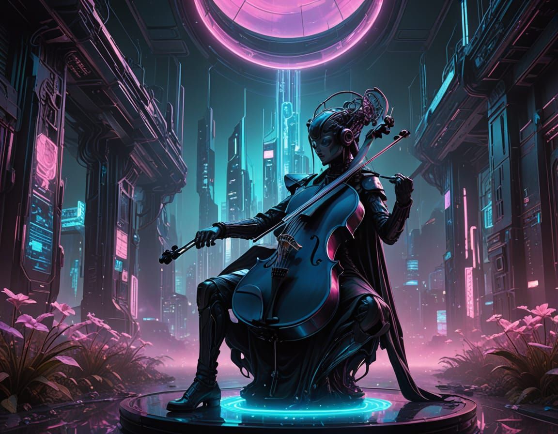 Surreal Cyberpunk Violin Scene with Pink Flower and Neon Gra...
