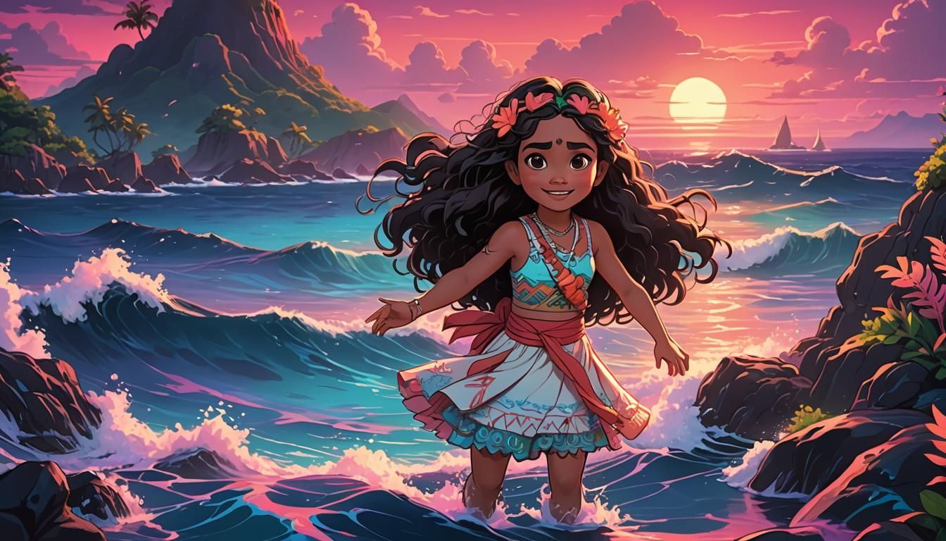 Moana Meets Ocean: Ghibli Cartoon in Synthwave Style