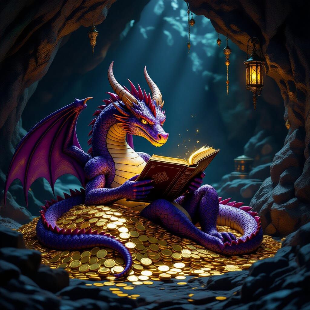 Dragon Reading Book on Treasure, Dark Fantasy Concept Art