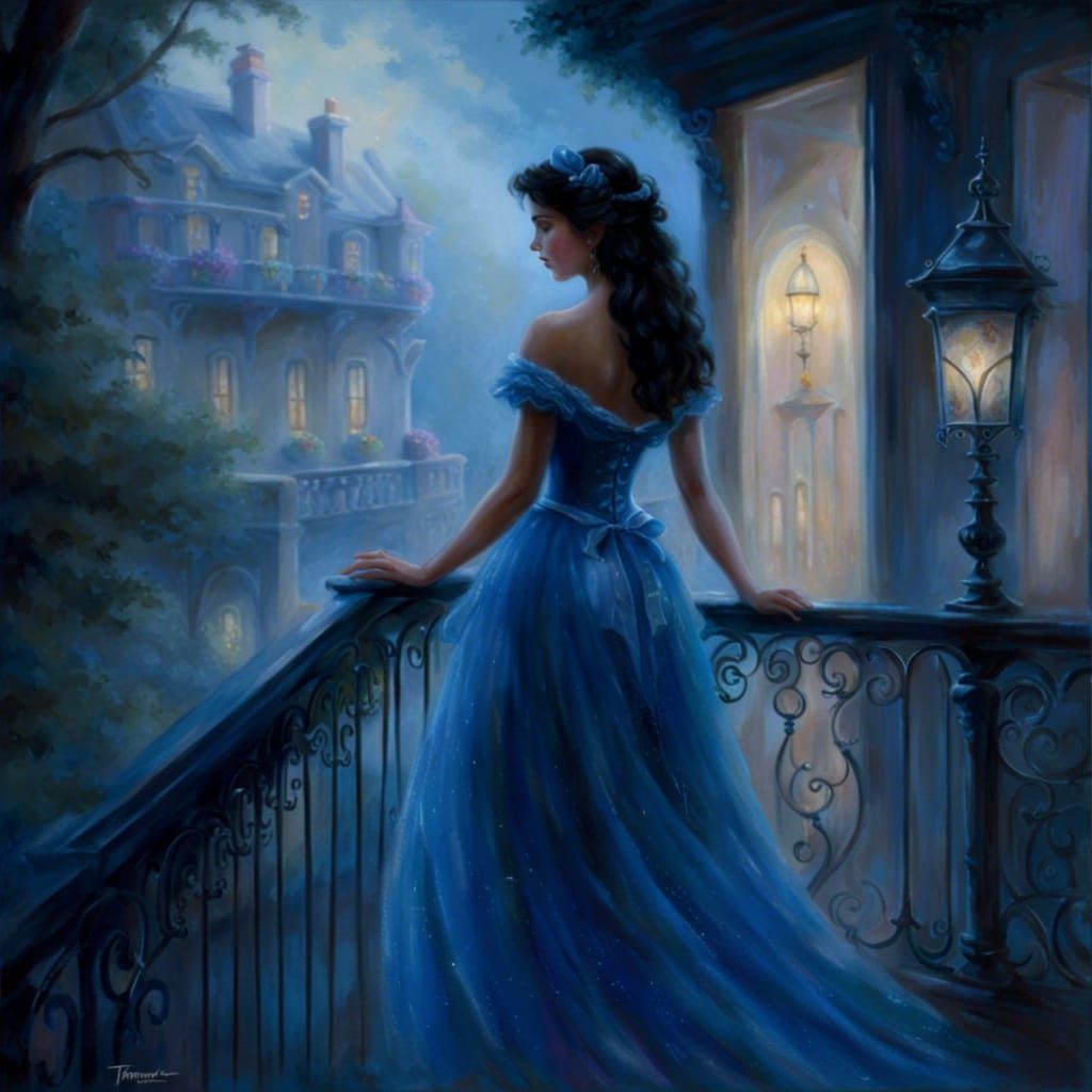 Ethereal Girl in Blue Gown on Balcony