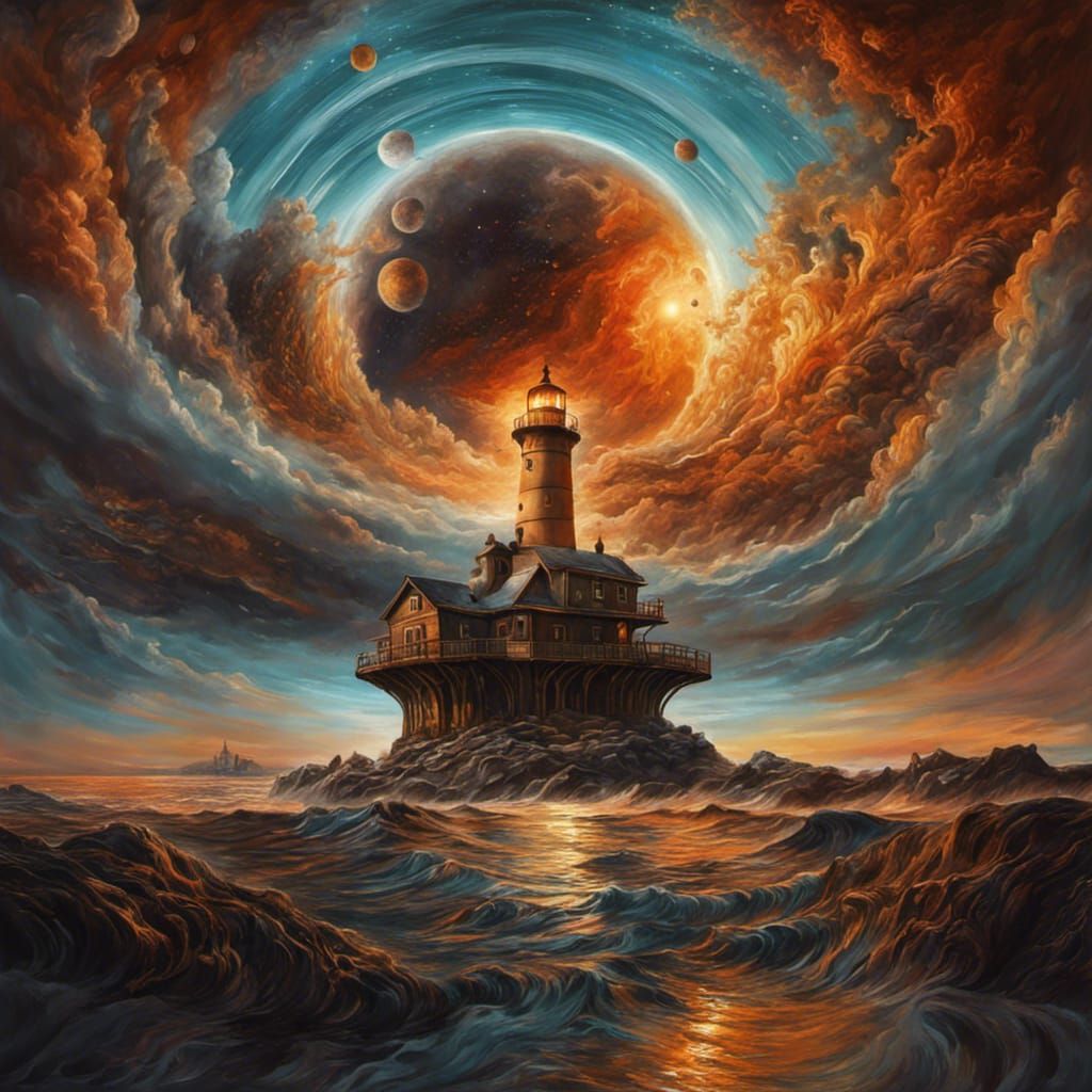 Cosmic Lighthouse Seascape in Oil Paint