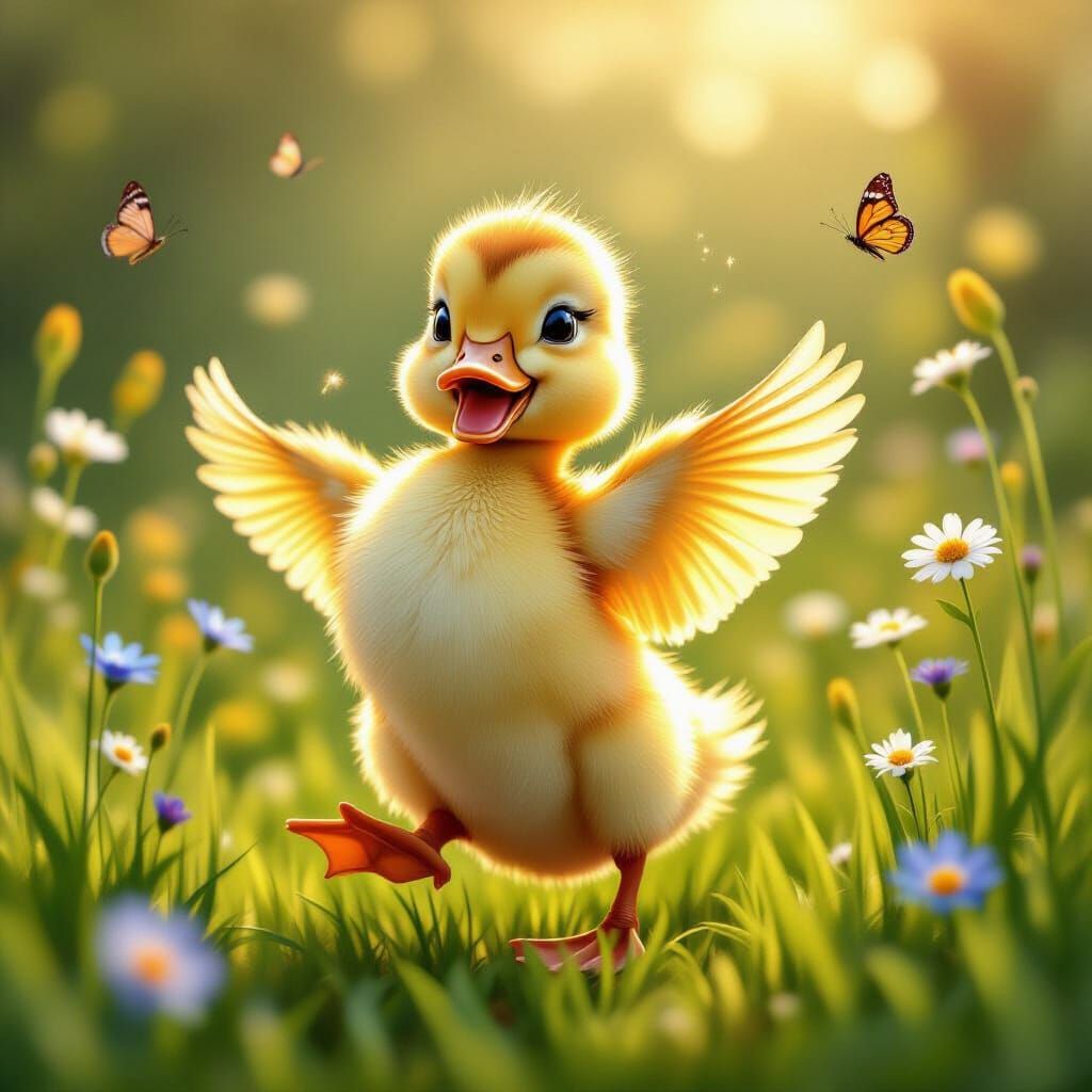 Joyful Duckling Dances in Sunlit Meadow: Hyperrealistic Art