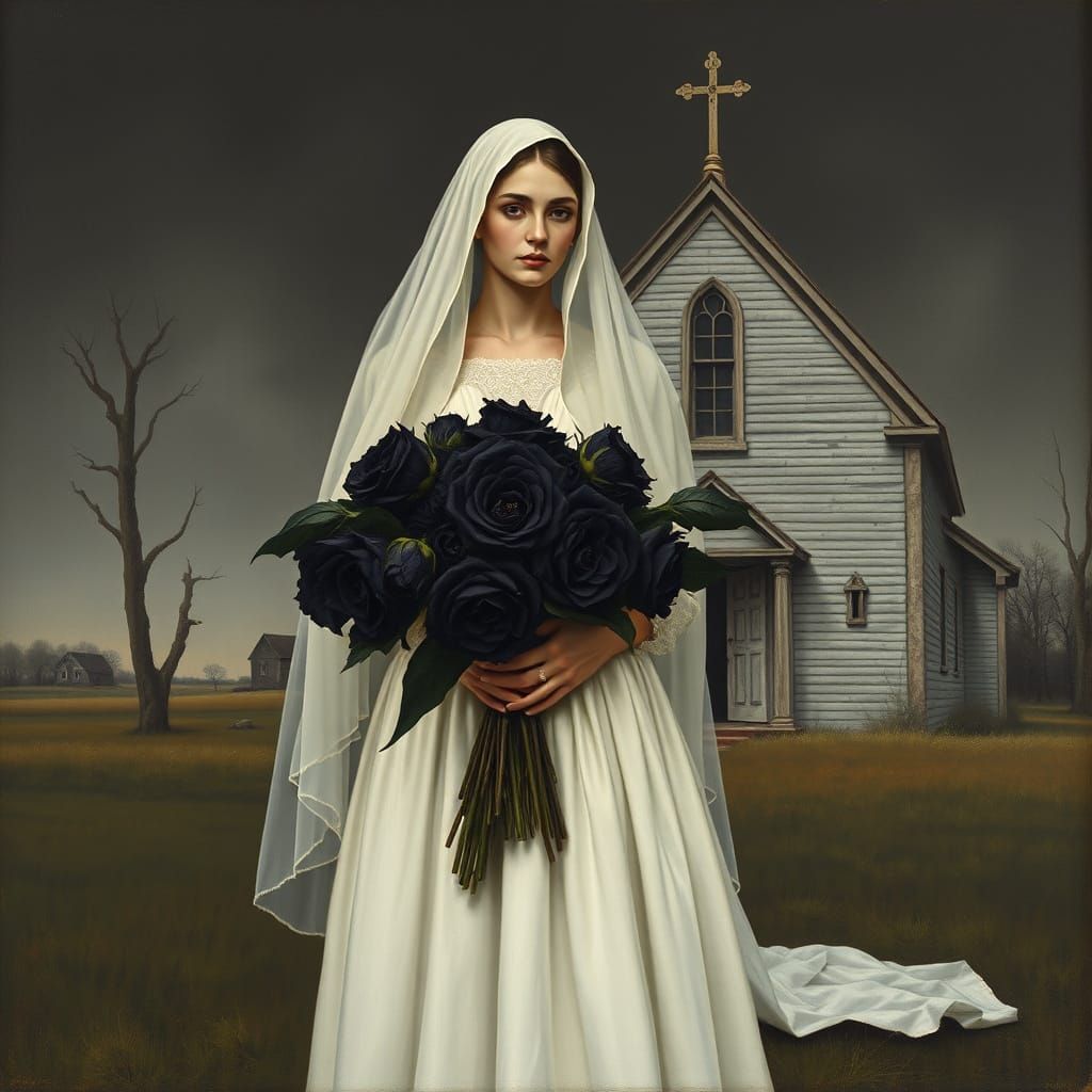 Gothic Bride with Black Roses in Regionalist Style
