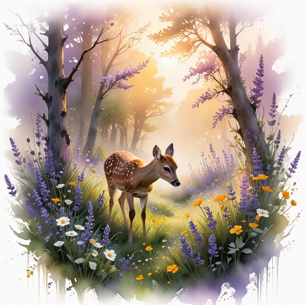 Fawn Deer in Spring Glade: Watercolour Painting