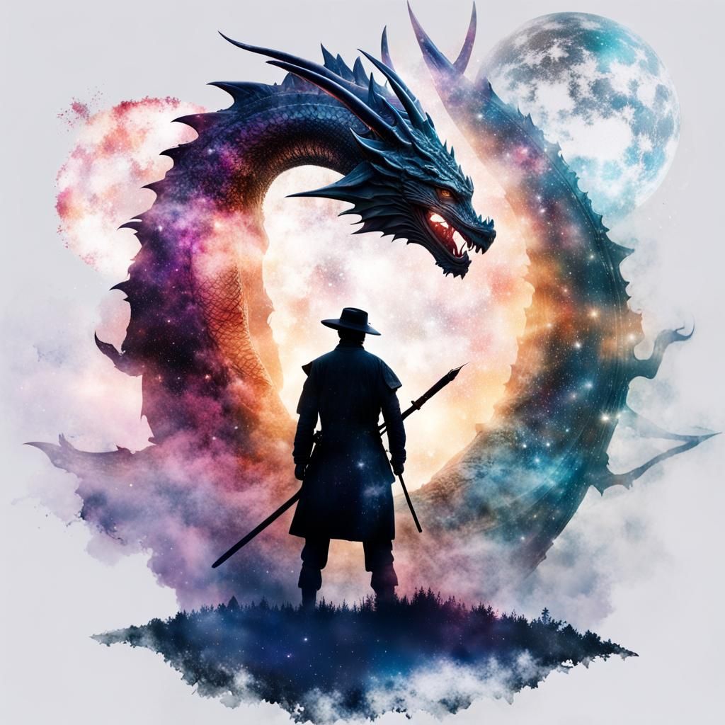 Samurai Dragon Galaxy Double Exposure Art