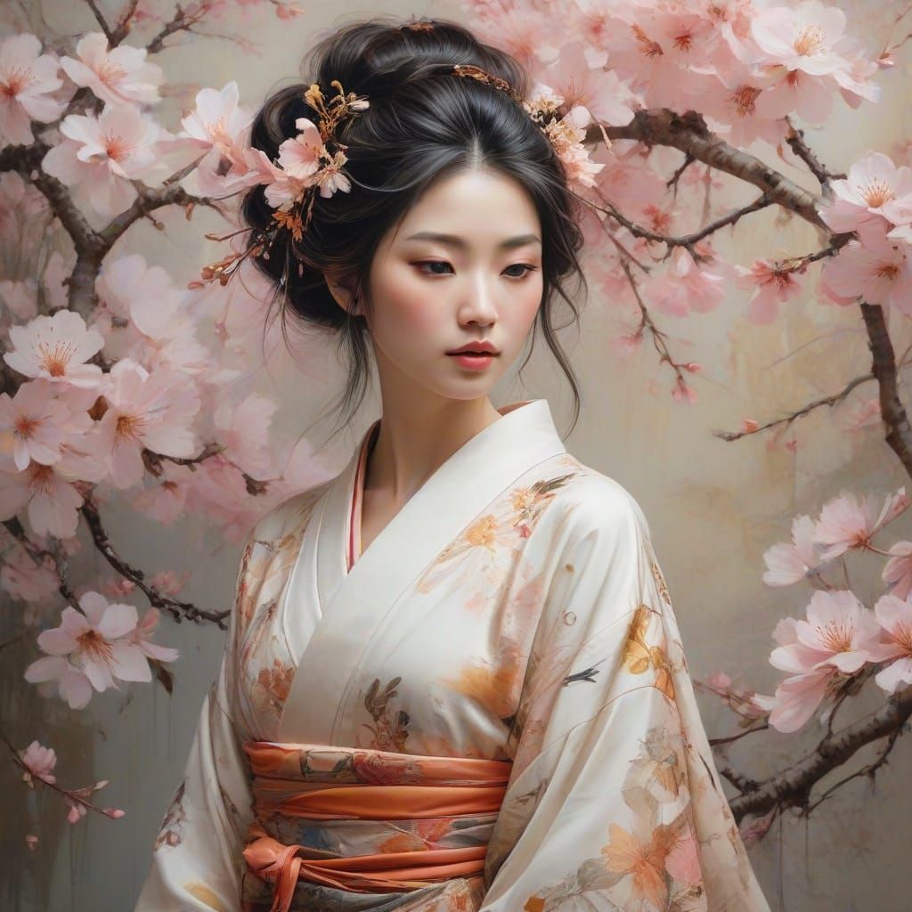Elegant Whimsy: Geisha in Cherry Blossom Wonderland