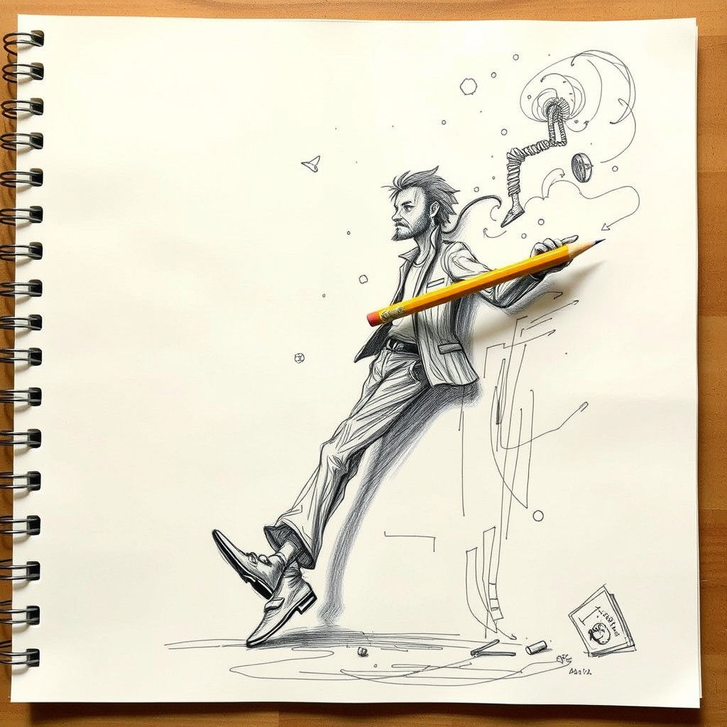 Magical Artist Emerges from Sketch in Whimsical Style