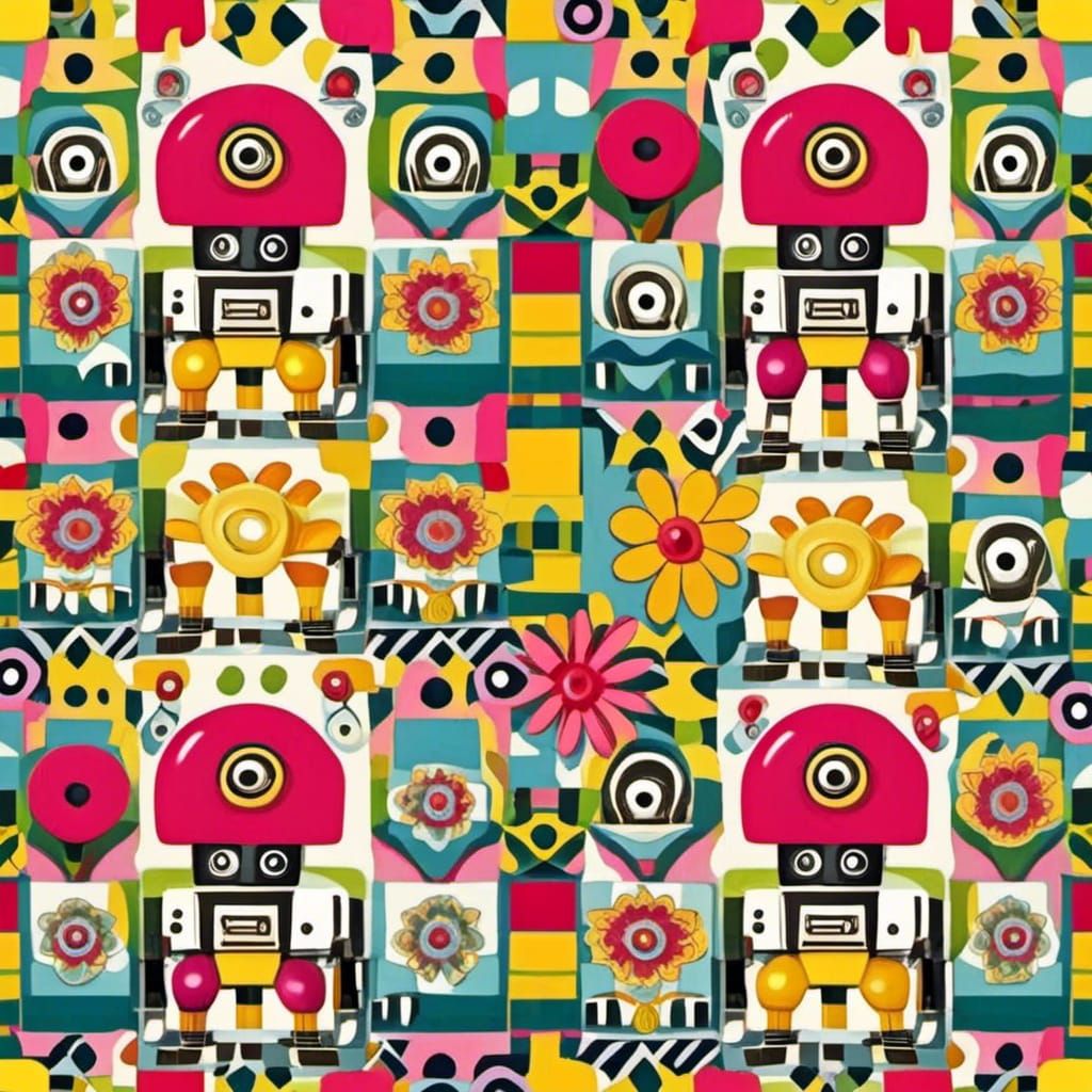 Cute Robots in Flower Garden