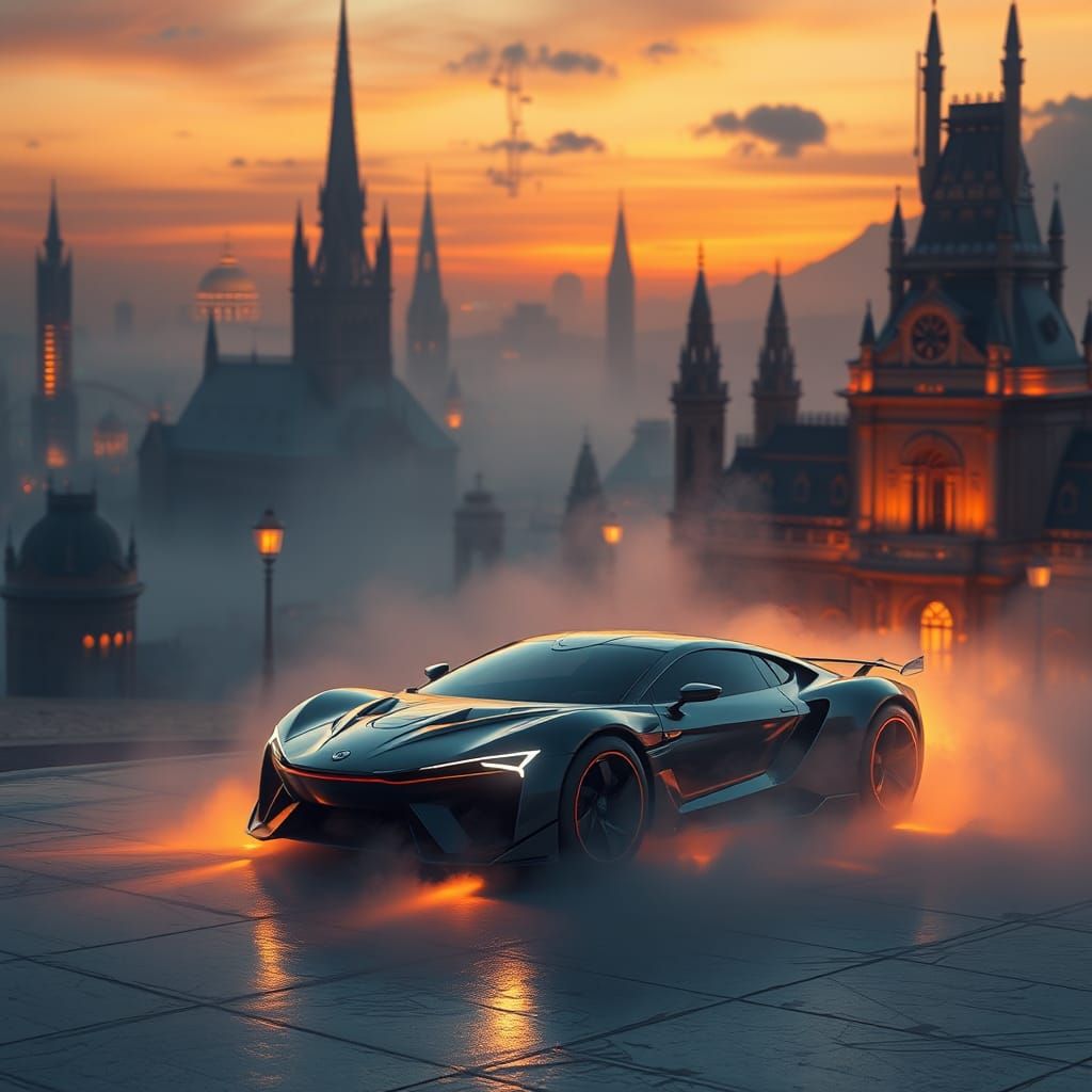 Futuristic Car in Fantastical Cityscape at Dusk