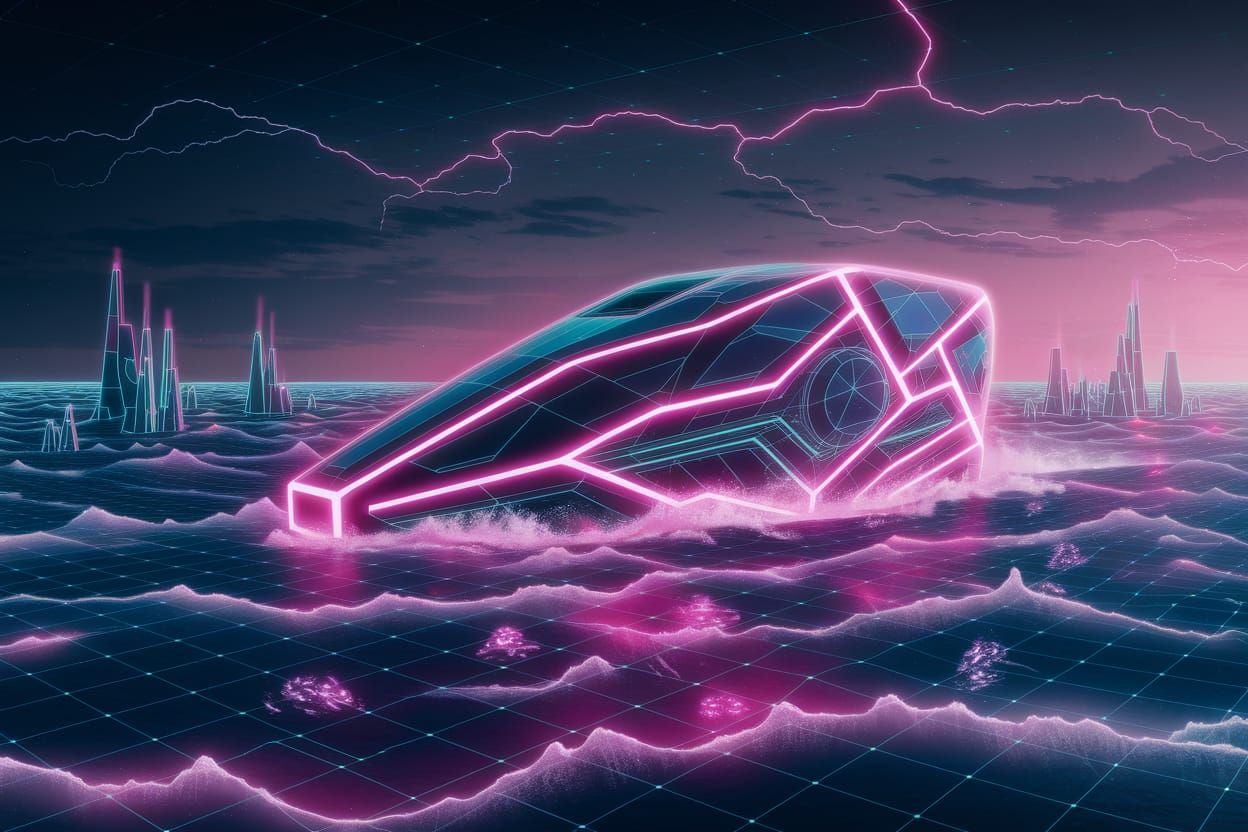 Monumental Tron Pink Lightship in Digital Ocean World