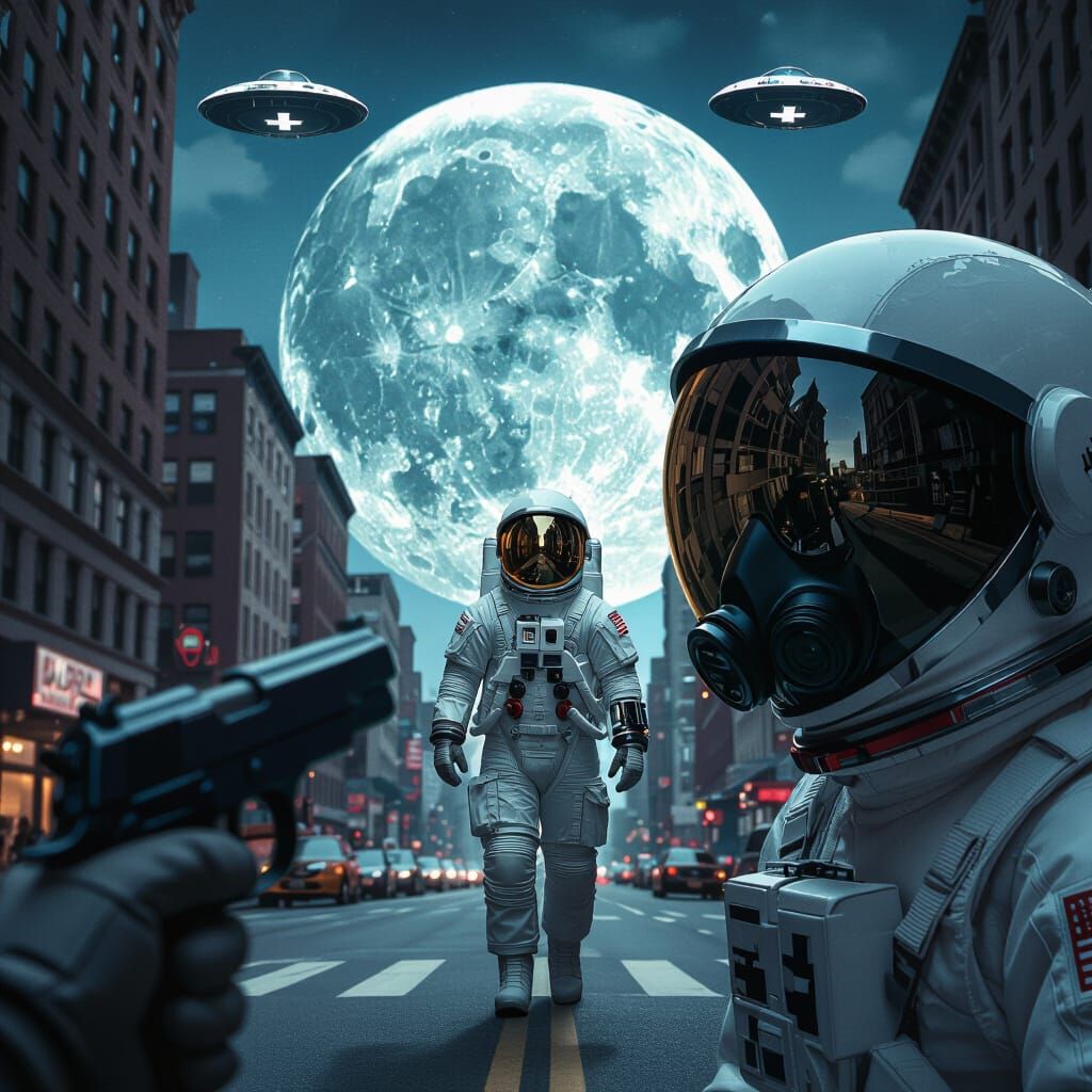 Astronaut in NYC with Moon and Flying Saucers