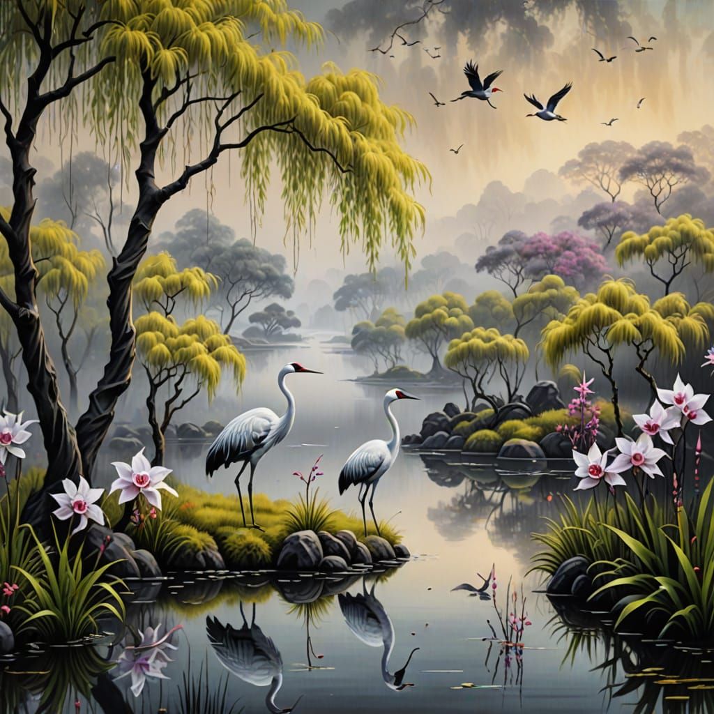 Whimsical Asian Landscape Oil Painting with Crane Bird