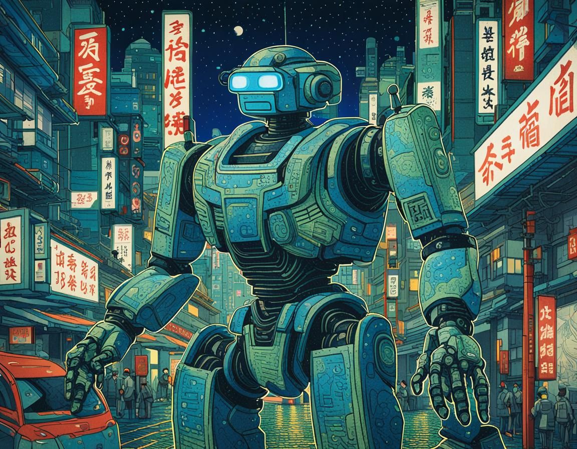 Robot in Tokyo: Ukiyo-e Japanese Woodblock Print