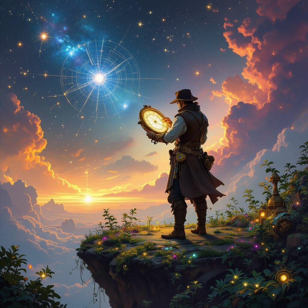 Celestial Cartographer Amidst Nebula in Steampunk Style