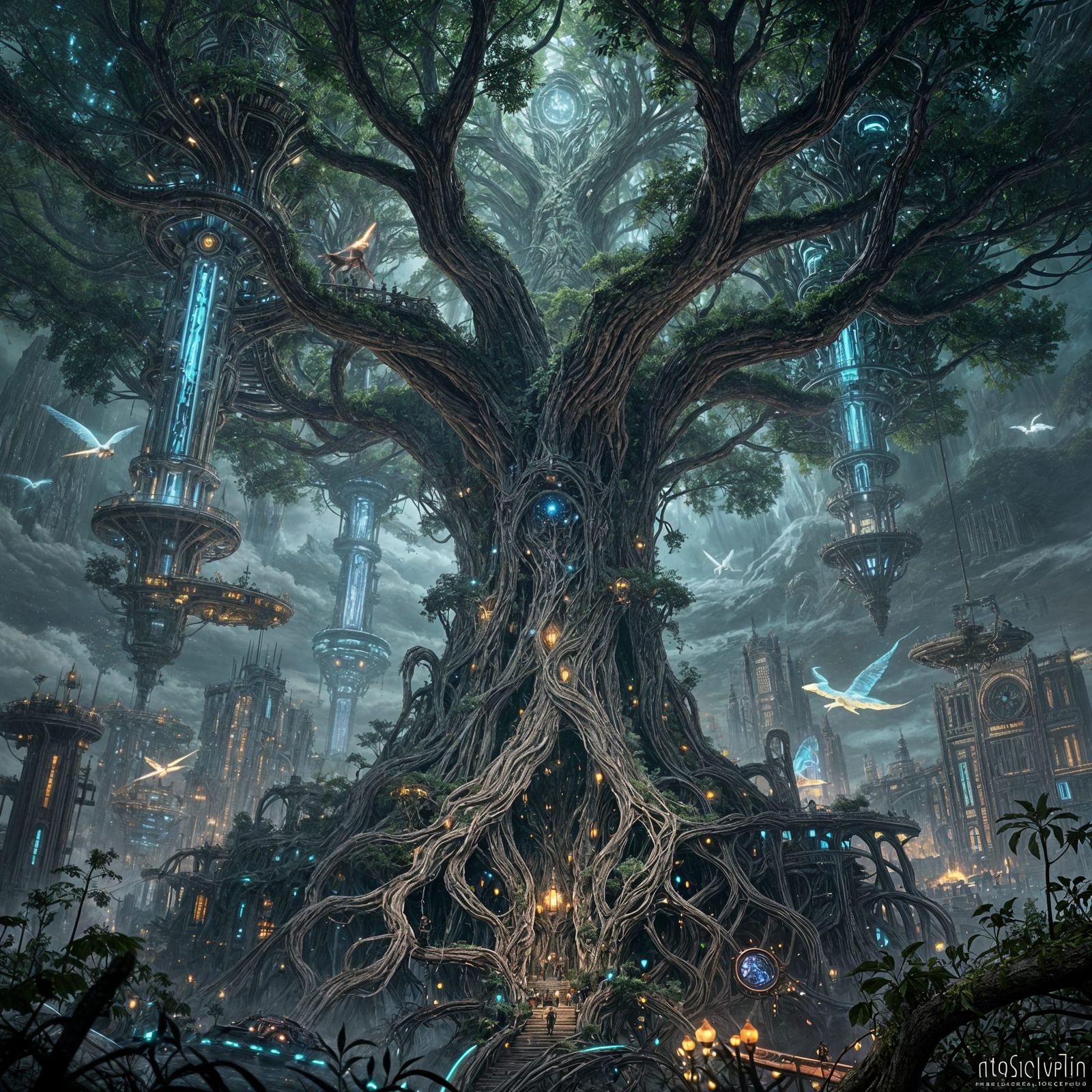 Fantasy World Tree Cityscape With Bioluminescent Towers